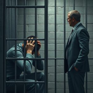 A nervous man sitting in a jail cell, holding his head in his hands. Outside the bars, a confident bail bondsman in a suit is talking to the man’s concerned family. Realistic style, emotional tone.