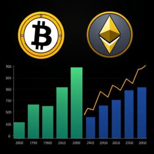 Bitcoin and Ethereum ETF logos next to bar graphs showing capital inflows